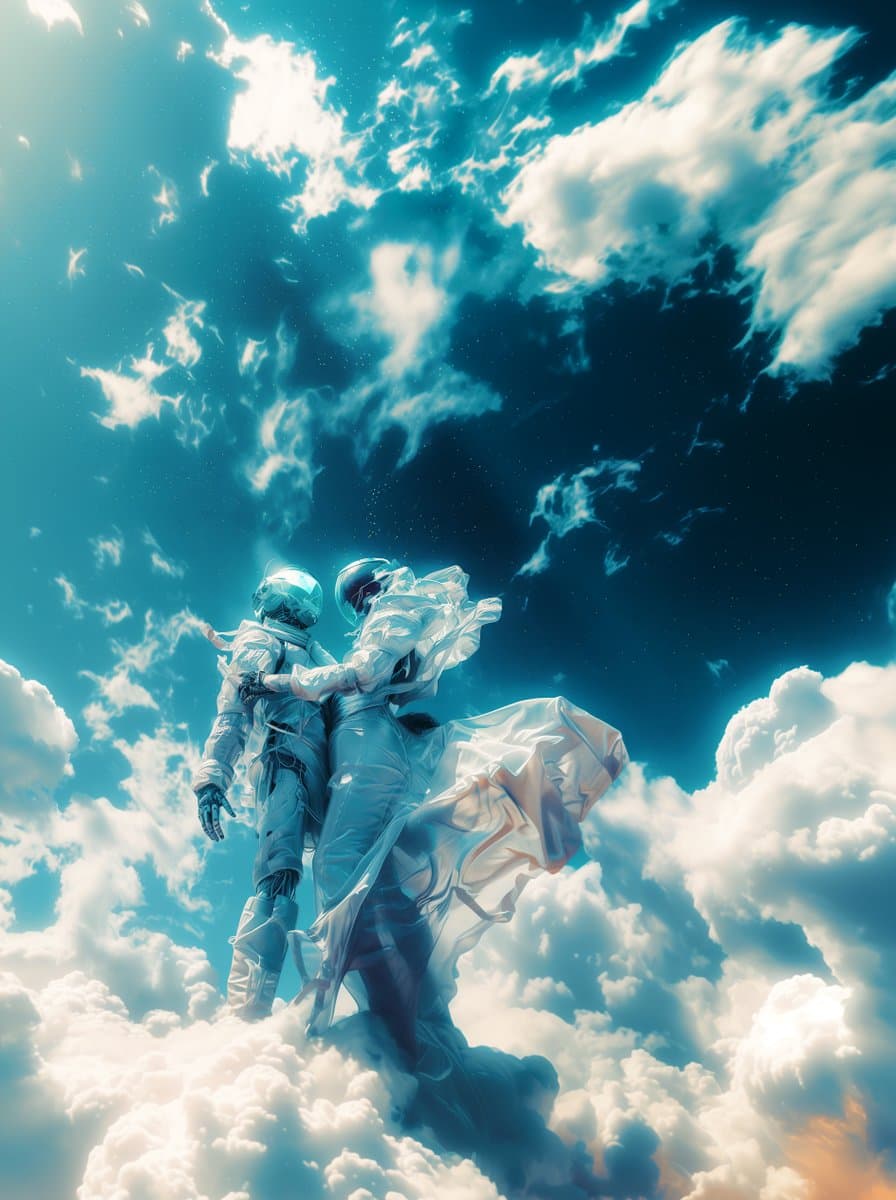 A digital illustration of two figures in white spacesuits standing on a cloud, with one figure embracing the other from behind. The background features a dramatic sky with bright blue and white clouds and a dark, starry expanse above.