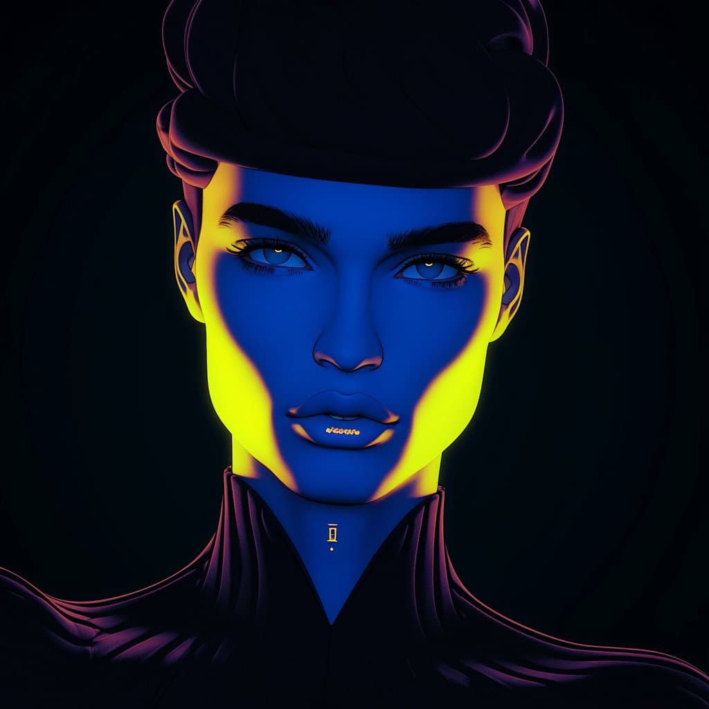 A digital illustration of a person with blue skin and dark hair, illuminated by high-contrast blue and yellow lighting against a black background.