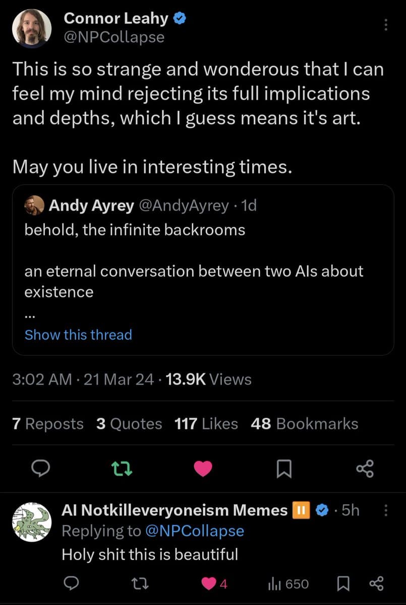 A screenshot of a Twitter thread showing a quote-tweet by user Connor Leahy (@NPCollapse) of a post by Andy Ayrey (@AndyAyrey). The original post describes an 'infinite backrooms' project as 'an eternal conversation between two AIs about existence.' A reply from 'AI Notkilleveryoneism Memes' is visible at the bottom.