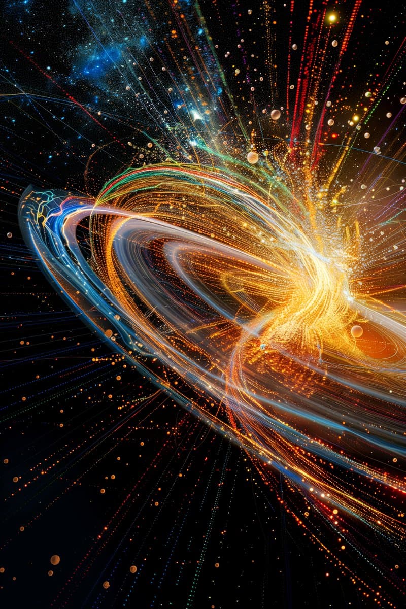 A vibrant, abstract digital artwork depicting a swirling galaxy or cosmic vortex made of colorful light trails and particles against a dark space background. The image features dynamic streaks of orange, yellow, blue, and red light radiating from a bright central core.