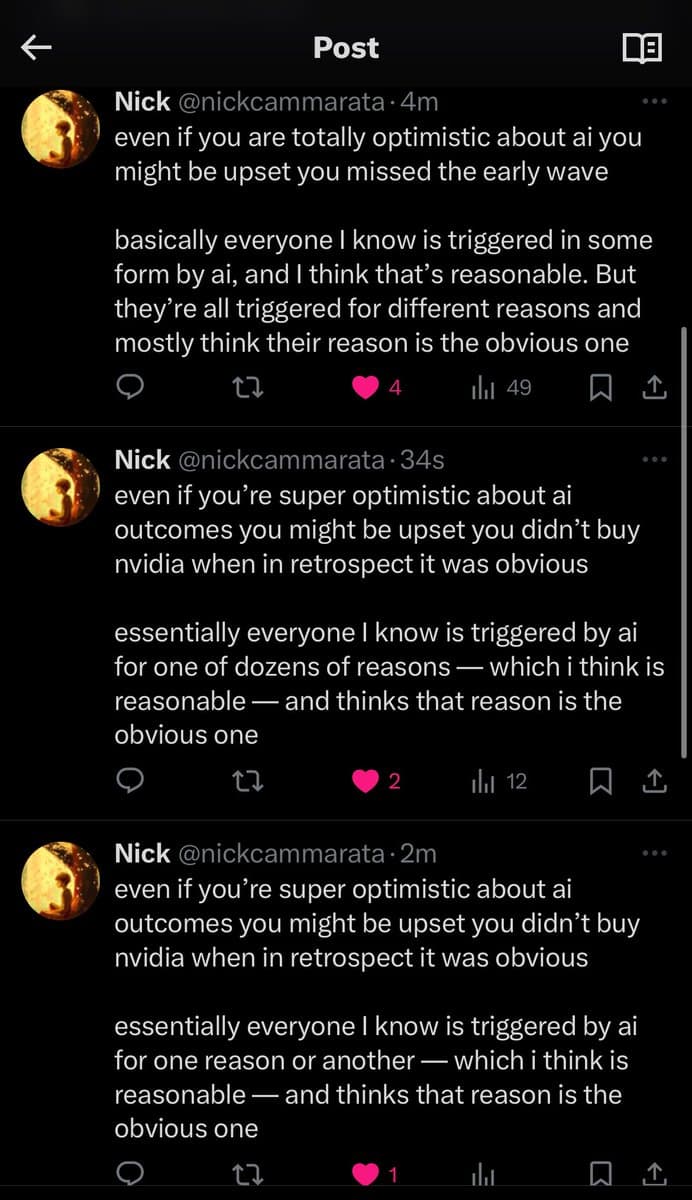 A screenshot of a Twitter thread showing three consecutive posts by user Nick (@nickcammarata) discussing how people are 'triggered' by AI for various reasons. The posts are displayed in a dark mode interface with engagement metrics (likes, retweets, views) visible for each tweet.