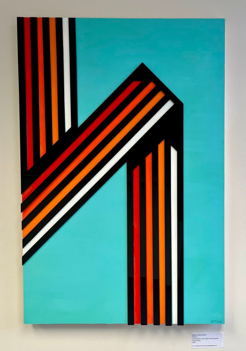 A vertical abstract painting featuring bold, geometric stripes in black, orange, red, and white against a teal background. The composition includes vertical and diagonal lines that intersect to form a dynamic, angular pattern.