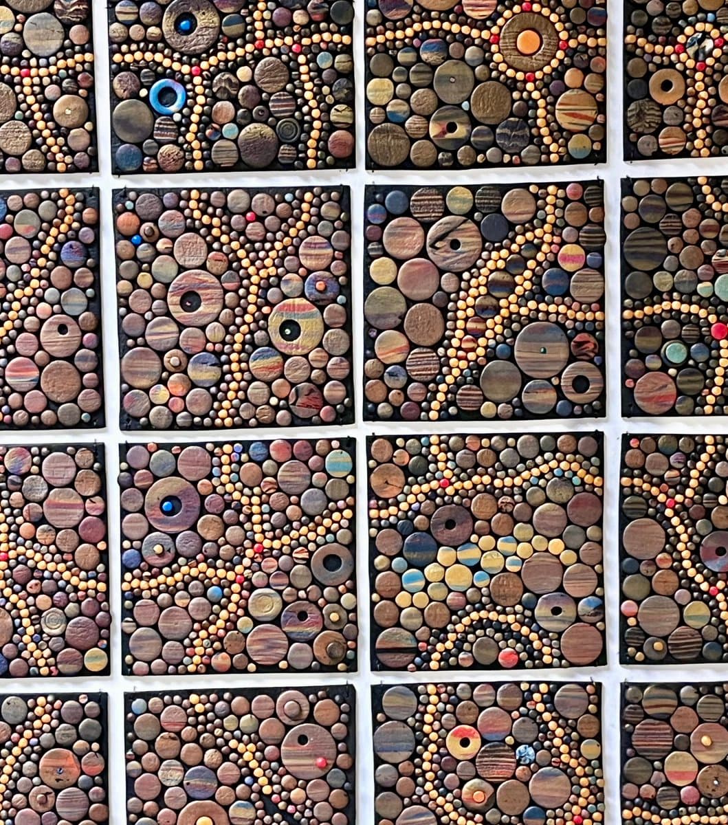 A grid of square mosaic artworks made from numerous small, circular wooden discs in various earth tones and sizes. The discs are arranged in dense, textured patterns on a dark background, with some pieces featuring larger, distinct circular elements or colored accents.