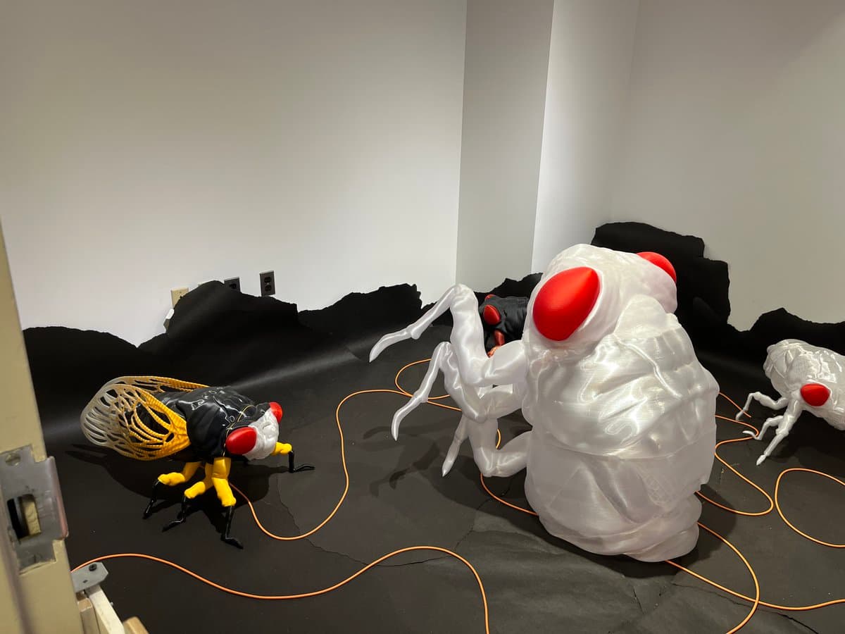 A photograph of an art installation featuring several large, stylized insect sculptures on a black floor. The sculptures have white, black, and yellow bodies with prominent red eyes, and are connected by thin orange wires.