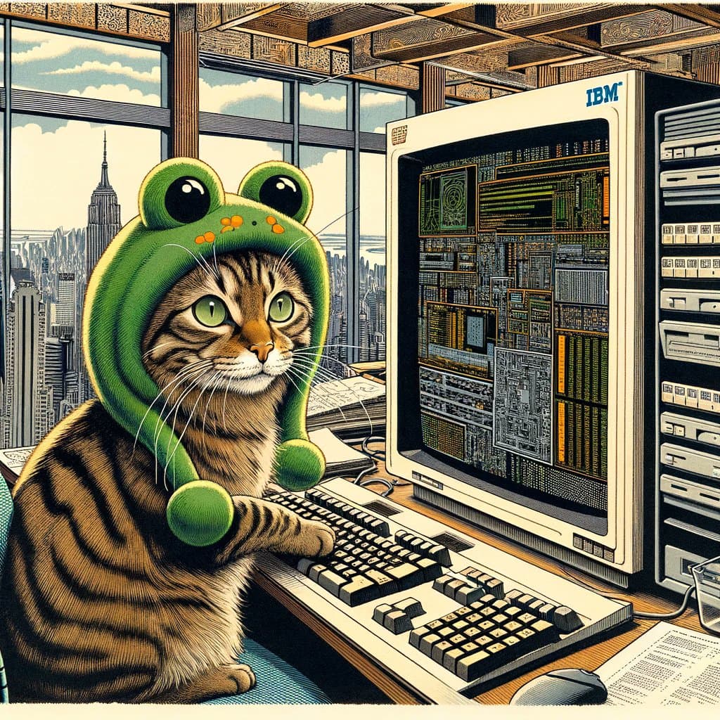 A digital illustration of a tabby cat wearing a green frog costume sitting at a desk and typing on a vintage IBM computer. The scene is set in an office with a large window overlooking a city skyline featuring the Empire State Building.