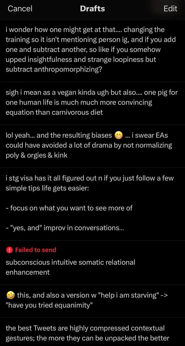 A screenshot of a mobile app's 'Drafts' screen, showing a list of unsent text messages or posts in a dark theme. The drafts contain various conversational snippets, including one marked 'Failed to send'.