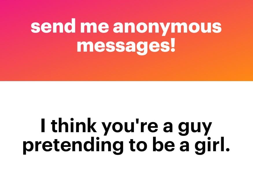 A two-panel text image with a pink-to-orange gradient top section and a white bottom section. The top panel contains white text reading 'send me anonymous messages!' and the bottom panel contains black text reading 'I think you're a guy pretending to be a girl.'