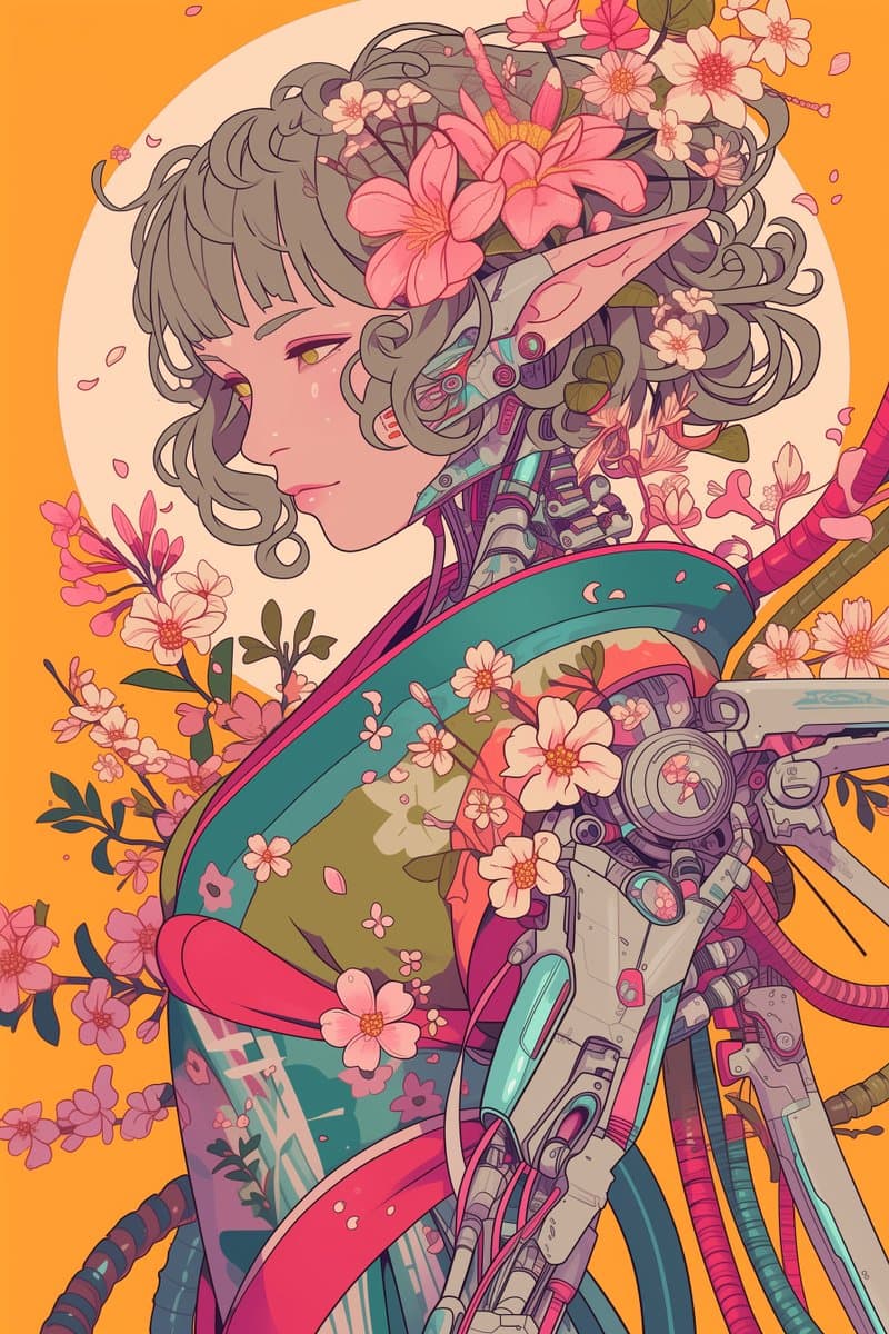 A digital illustration of a female android with grey hair and pointed ears, adorned with pink flowers and cherry blossoms against a bright orange background. The character features visible mechanical components, including a robotic arm and neck, and has a tear on her cheek.