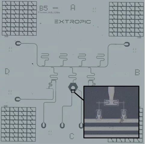 A technical schematic or diagram of a microchip layout, featuring a central circuit design with labeled sections and a magnified inset showing a detailed view of a specific component. The image includes the text 'EXTROPIC' and various technical annotations.