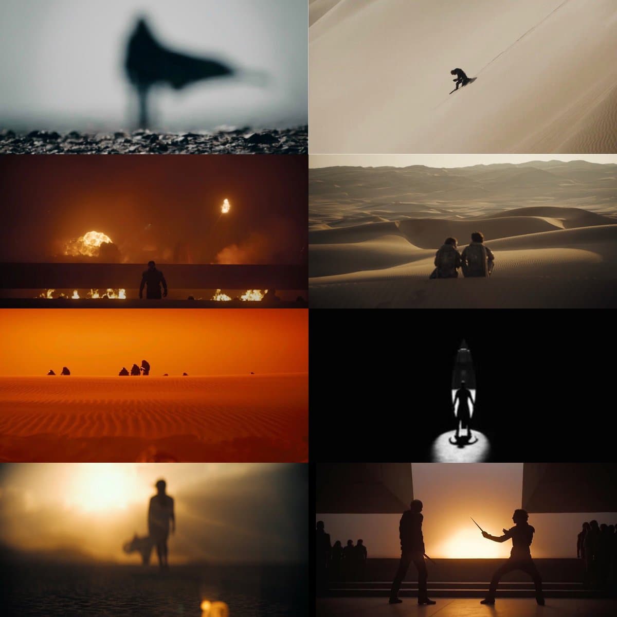A collage of eight cinematic stills from the movie Dune, showcasing its distinctive visual aesthetic through scenes of vast desert landscapes, dramatic silhouettes, and atmospheric lighting. The images feature elements like sandboarding, a figure on a glowing hoverboard, and characters in a dimly lit arena, all emphasizing the film's epic scale and moody color palette.
