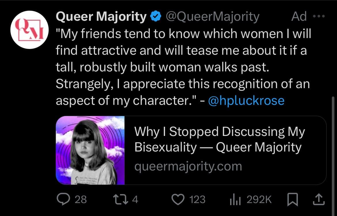 A screenshot of a Twitter ad from the account Queer Majority, featuring a quote and a link to an article. The ad includes a profile picture with the initials 'QM' and a thumbnail image of a person with a purple background.