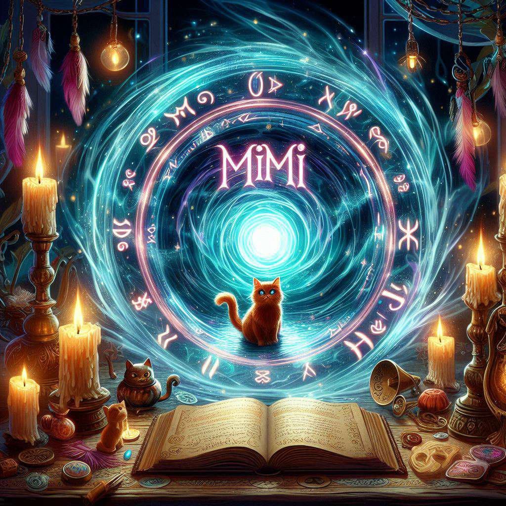 A digital fantasy illustration depicting a glowing, swirling magical portal surrounded by mystical runes and the name "MiMi" in a stylized font. An orange cat sits in front of the portal on a table cluttered with lit candles, an open spellbook, and small figurines.