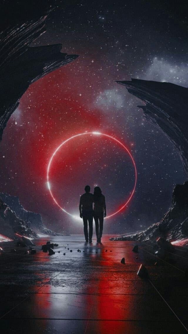 A digital artwork depicting two silhouetted figures standing on a reflective surface, looking out from a dark cave opening toward a vast, star-filled sky featuring a large, glowing red ring. The scene is illuminated by the red light reflecting off the wet ground and the surrounding rocky terrain.