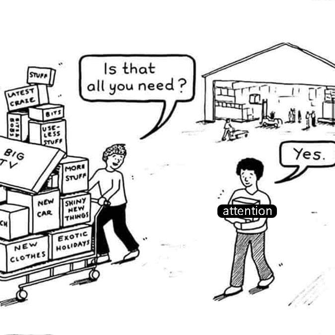 A black-and-white cartoon depicting a person pushing a cart loaded with boxes labeled with various consumer goods, while another person stands nearby with arms crossed. The person with the cart asks, "Is that all you need?" and the other person replies, "Yes." A text overlay on the second person reads "attention."