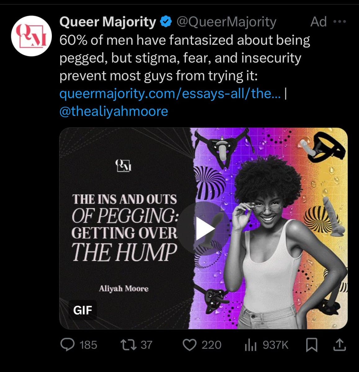 A screenshot of a Twitter post from the verified account @Queer Majority, marked as an Ad. The post features a promotional image for an article titled 'The Ins and Outs of Pegging: Getting Over The Hump' by Aliyah Moore, which includes a photo of a smiling woman and various graphic illustrations.