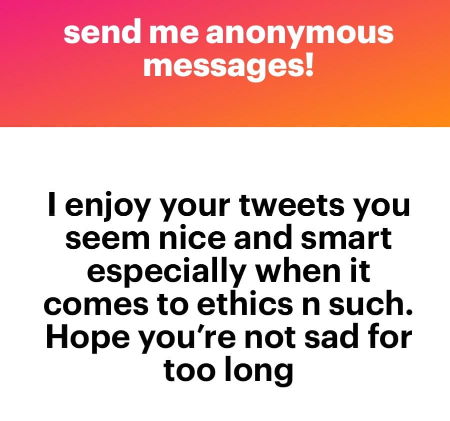 A screenshot of a social media post featuring a pink-to-orange gradient header with white text and a white body with black text. The image appears to be a direct message or reply sent to the account owner.