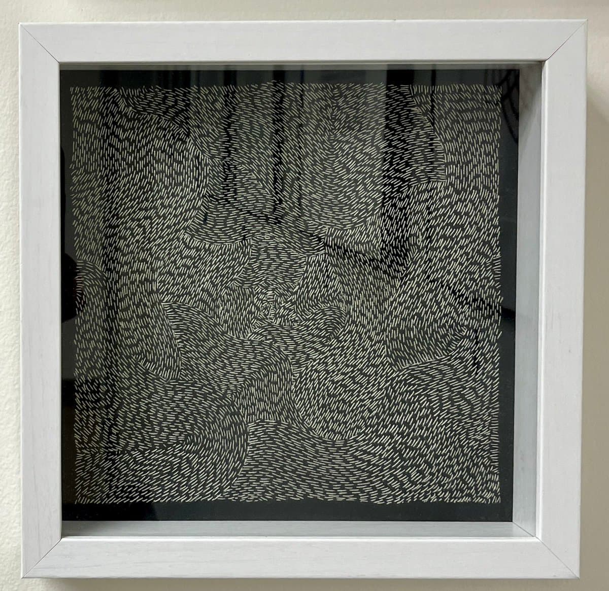 A framed piece of generative art featuring a dense, black-and-white pattern of short, curved lines that create a textured, organic visual effect. The artwork is displayed in a simple white frame against a light-colored wall.
