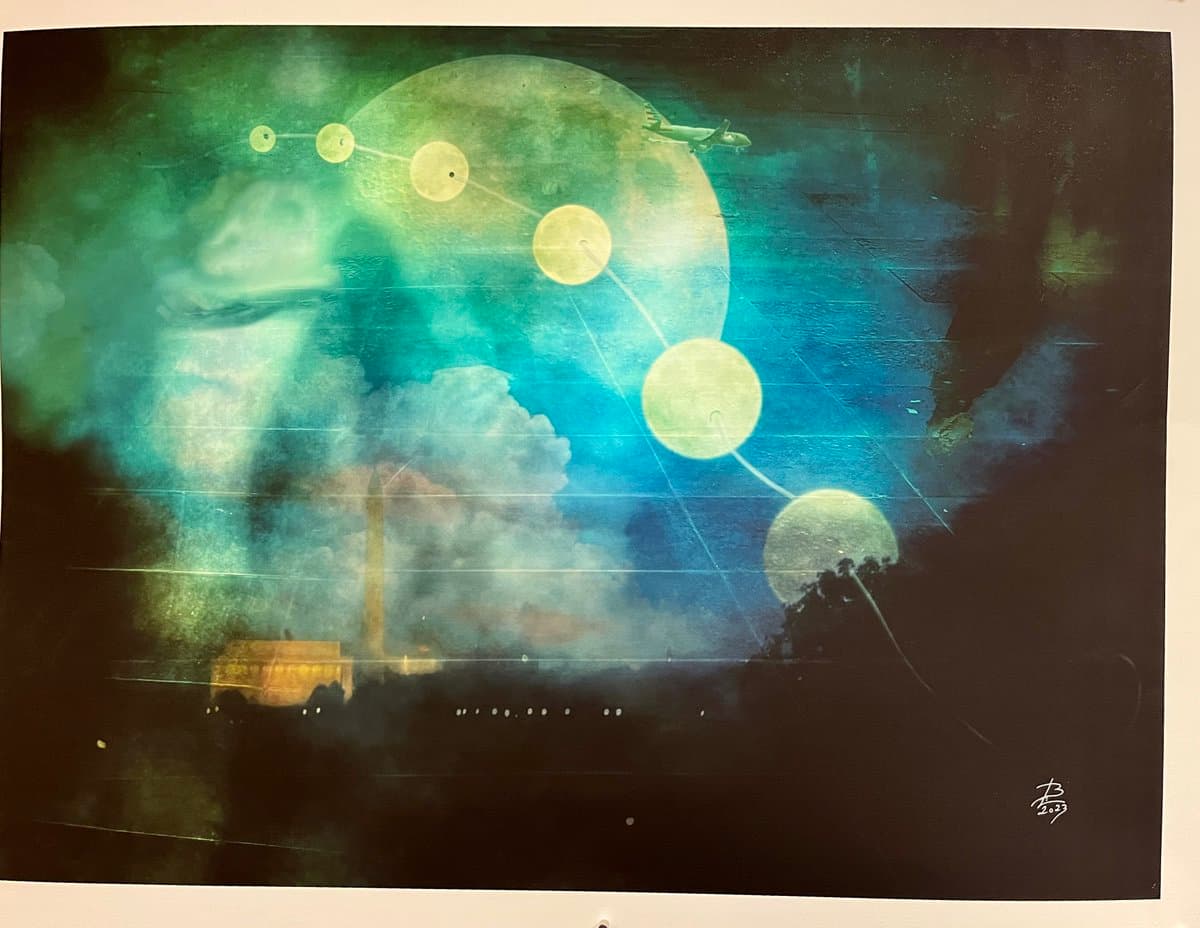A surreal digital artwork depicting a large, glowing green moon in a dark, cloudy sky, with a series of smaller, connected spheres forming a trail across the scene. A small airplane flies near the top of the moon, and a silhouette of a city skyline is visible at the bottom.