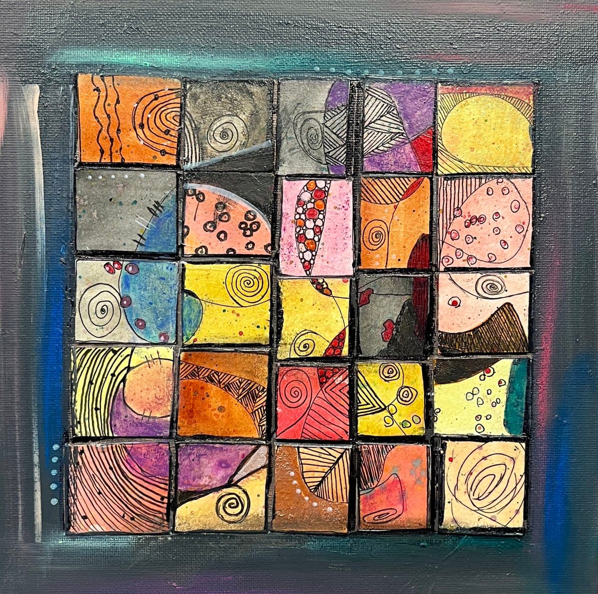 A colorful, abstract painting featuring a grid of twenty-five square tiles, each decorated with unique patterns such as spirals, dots, and organic shapes in a vibrant palette. The tiles are set against a dark, textured background with blue and purple accents along the edges.