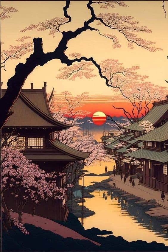 A digital illustration in a Japanese ukiyo-e style depicting a traditional street scene at sunset, featuring wooden buildings, a canal, and cherry blossom trees under a large red sun.