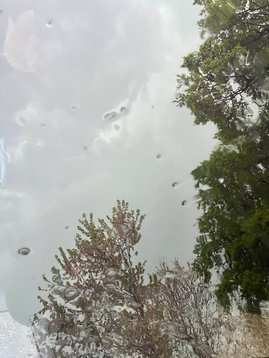 A view looking up at a cloudy sky and trees through a glass surface covered in water droplets, likely from hail or rain. The image is taken from inside a vehicle, looking out through the glass roof.