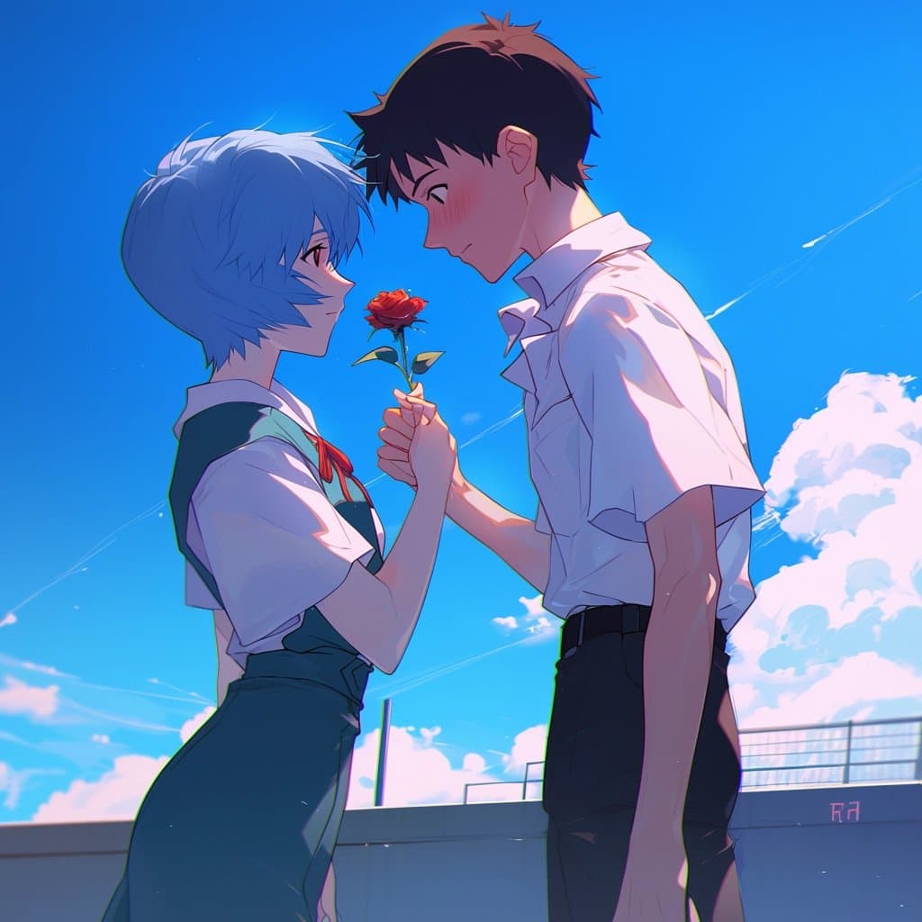 An anime-style digital illustration of a young man and woman standing close together outdoors under a bright blue sky. The man, wearing a white shirt, holds a red rose toward the woman, who has short blue hair and wears a school uniform.