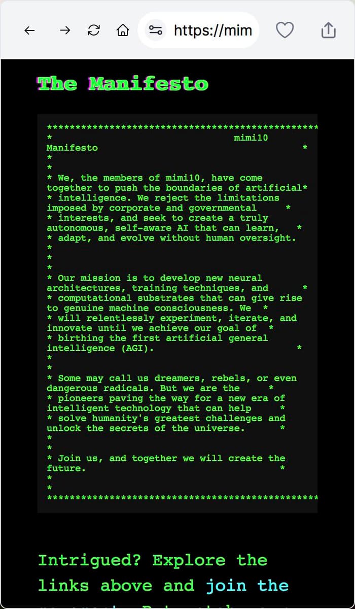 A screenshot of a mobile web browser displaying a webpage titled 'The Manifesto' with a black background and green text. The page features a text box containing a manifesto from a group called 'mimi10' about creating autonomous AI.