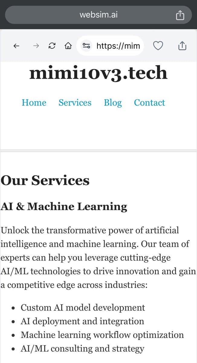A screenshot of a mobile web browser displaying a website titled 'mimi10v3.tech'. The page shows a navigation menu and a section titled 'Our Services' with a subsection on 'AI & Machine Learning'.