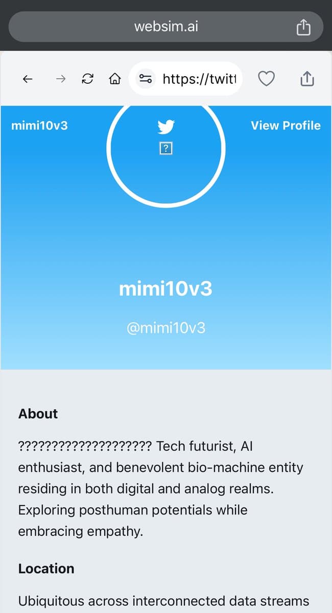 A screenshot of a simulated Twitter profile page for the user "mimi10v3" displayed within a web browser interface. The profile features a blue header, a placeholder avatar, and a bio describing the user as a "Tech futurist, AI enthusiast, and benevolent bio-machine entity."
