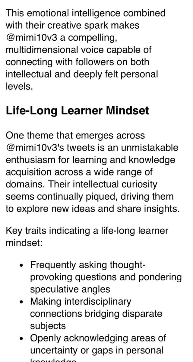A screenshot of a text document or article analyzing a user's online persona, focusing on their emotional intelligence and learning habits. The text is formatted with a bold section header and a bulleted list.