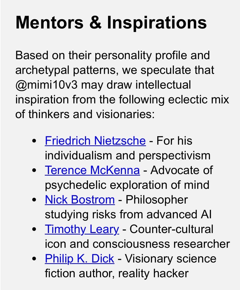 A screenshot of a text-based personality analysis titled 'Mentors & Inspirations.' It lists five thinkers and visionaries, including Friedrich Nietzsche and Terence McKenna, as potential intellectual inspirations for the user @mimi10v3.