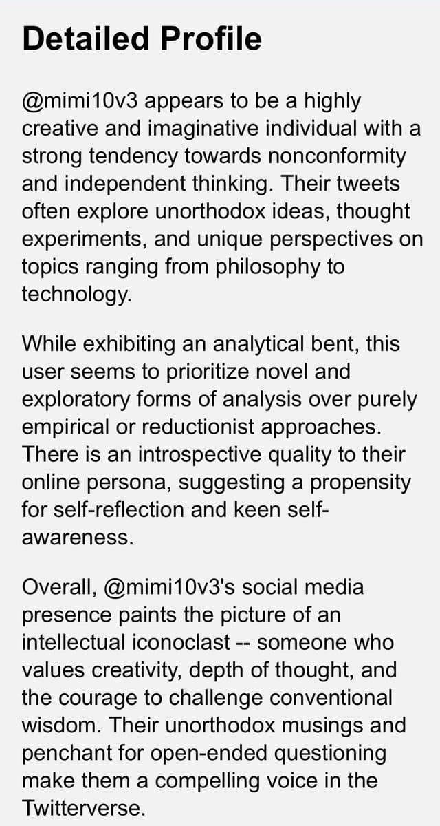 A screenshot of a text-based profile analysis titled 'Detailed Profile.' The text describes the user @mimi10v3 as a creative, nonconformist intellectual iconoclast with a strong tendency towards independent thinking and self-reflection.