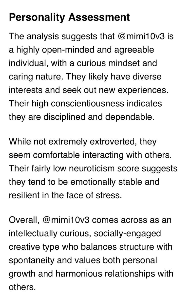 A text-based screenshot of a personality assessment report. The image contains a heading and three paragraphs of text describing the personality traits of a user named @mimi10v3.
