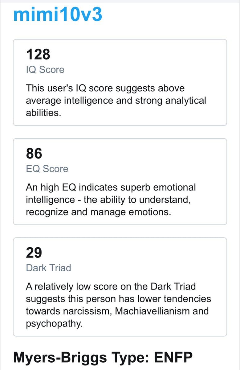 A screenshot of a personality and intelligence profile page for a user named 'mimi10v3', displaying scores for IQ, EQ, and the Dark Triad, along with a Myers-Briggs type.