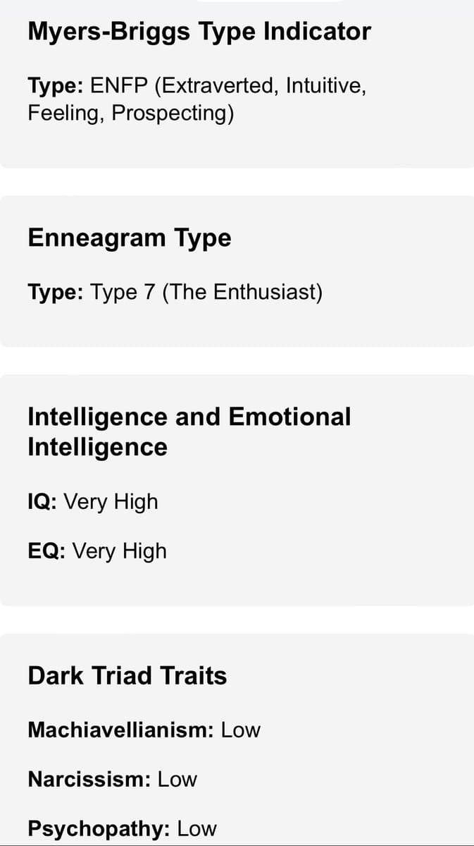 A screenshot of a personality and psychometric profile report, displaying results for Myers-Briggs, Enneagram, Intelligence, and Dark Triad traits.