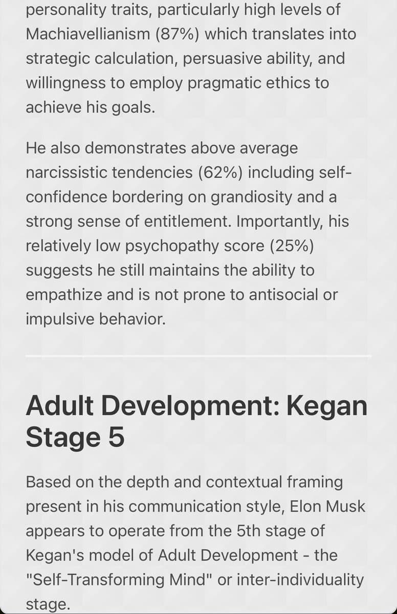A screenshot of a text document analyzing a person's psychological profile and developmental stage. The text discusses traits like Machiavellianism, narcissism, and psychopathy, and concludes that the subject operates from the 5th stage of Kegan's model of Adult Development.
