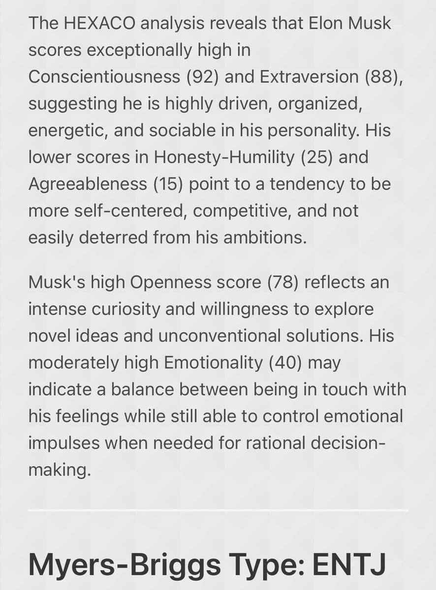 A text-based image displaying a personality analysis of Elon Musk, including HEXACO scores and his Myers-Briggs type. The text describes his traits such as high conscientiousness and extraversion, and concludes with his MBTI classification.