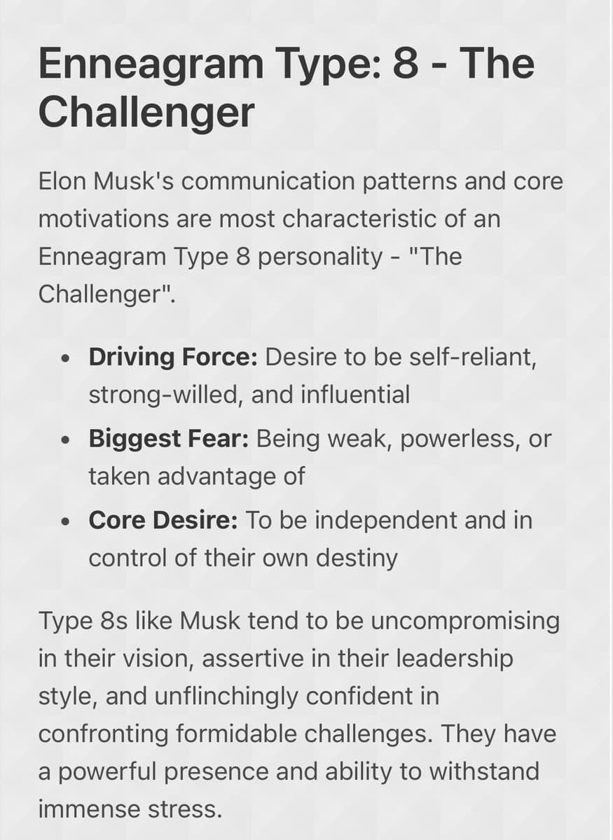 A text-based image presenting a personality analysis of Elon Musk as an Enneagram Type 8, 'The Challenger.' It lists his driving force, biggest fear, and core desire, followed by a paragraph describing the leadership traits of Type 8s.