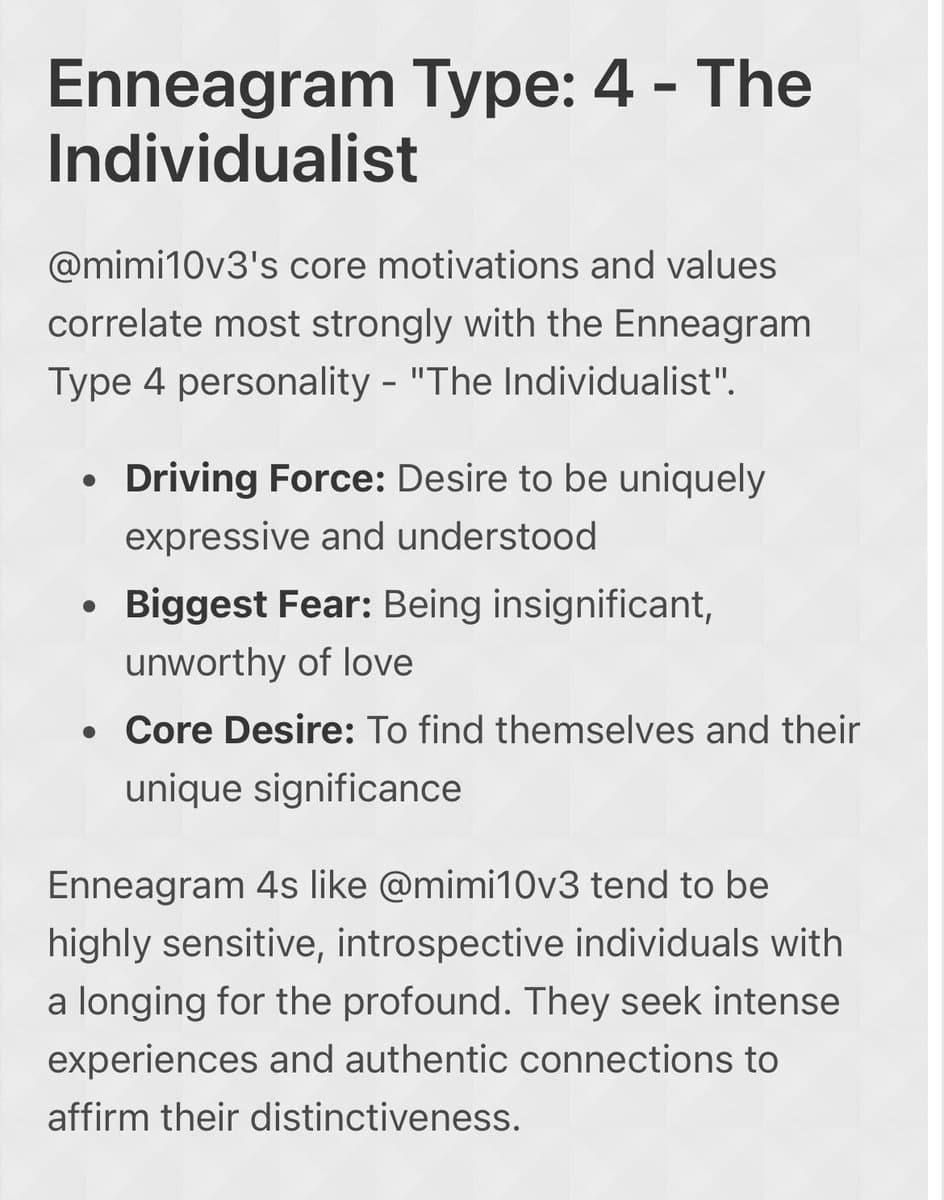 A text-based image displaying an Enneagram personality profile for Type 4, titled 'The Individualist.' It lists core motivations, fears, and desires for a user named @mimi10v3.