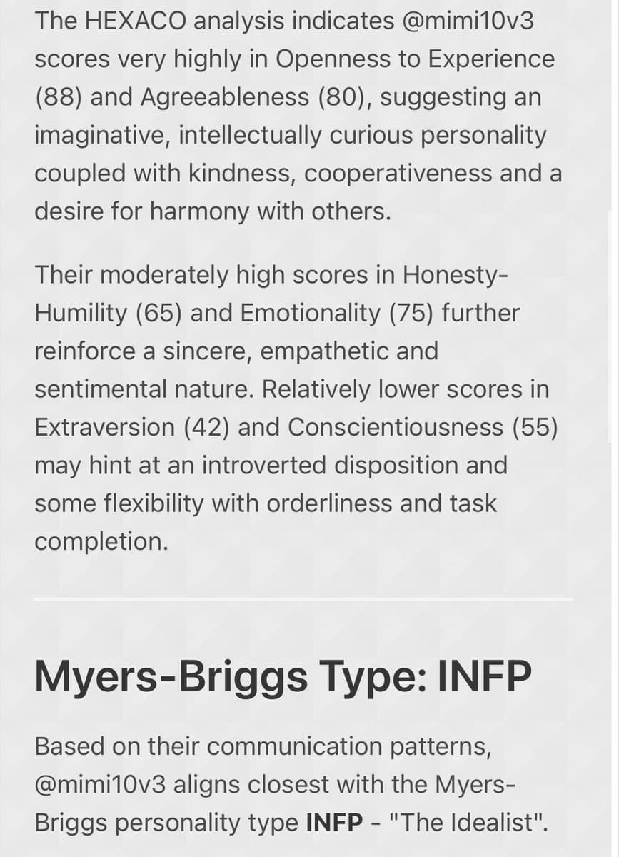 A screenshot of a personality analysis report, likely from a social media or chat interface, detailing HEXACO and Myers-Briggs results for a user. The text describes the user's personality traits and concludes with their Myers-Briggs type.