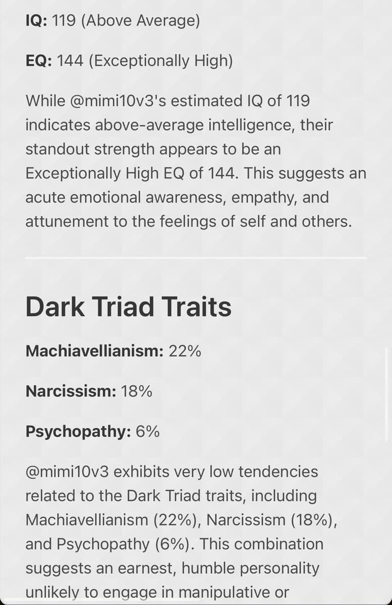 A screenshot of a text-based personality or psychometric profile report. It displays numerical scores for IQ, EQ, and Dark Triad traits (Machiavellianism, Narcissism, Psychopathy) along with interpretive paragraphs for a user handle.