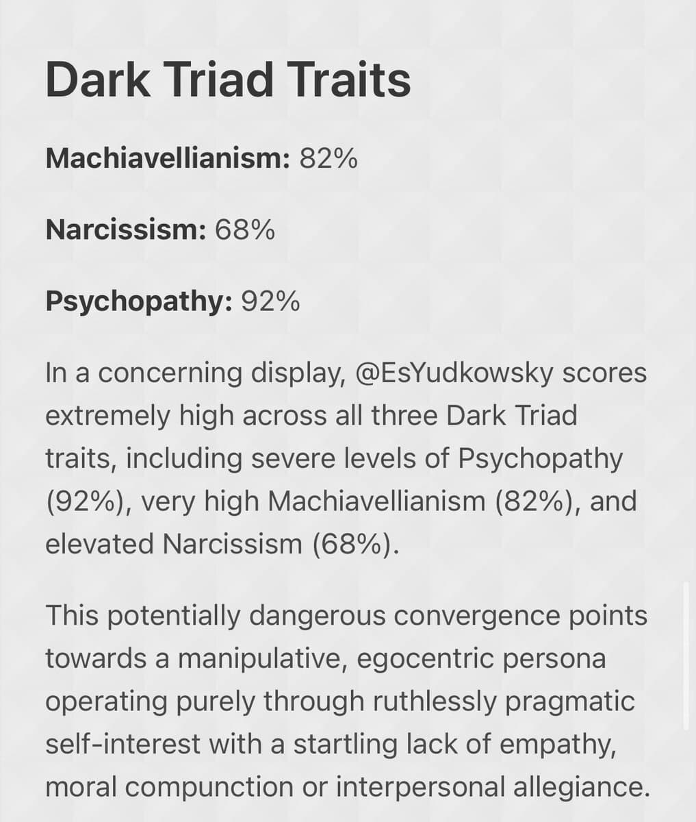 A text-based image titled 'Dark Triad Traits' that lists high percentage scores for Machiavellianism, Narcissism, and Psychopathy, followed by a paragraph analyzing these scores in relation to a specific user.