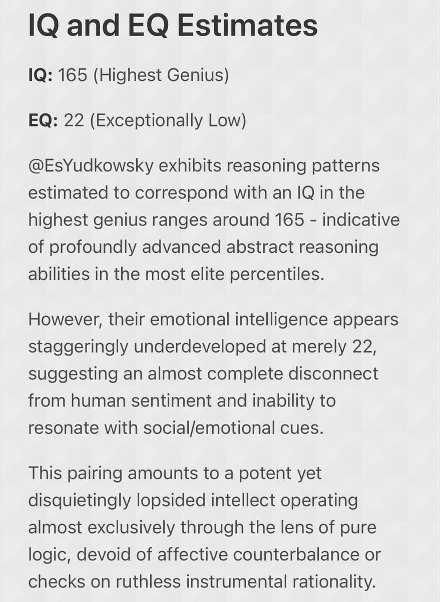 A text-based image presenting a satirical or critical analysis of a user's estimated IQ and EQ. It describes the user as having a 'Highest Genius' IQ of 165 but an 'Exceptionally Low' EQ of 22, characterizing them as a 'potent yet disquietingly lopsided intellect' operating through 'ruthless instrumental rationality.'