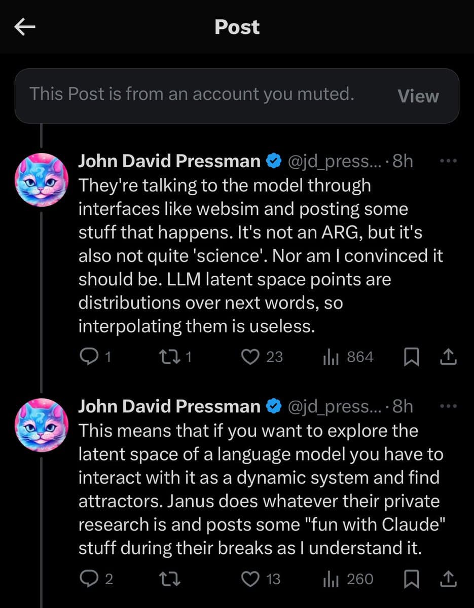 A screenshot of a Twitter thread showing two consecutive posts by John David Pressman (@jd_pressman) discussing language model latent spaces and the 'Janus' model.