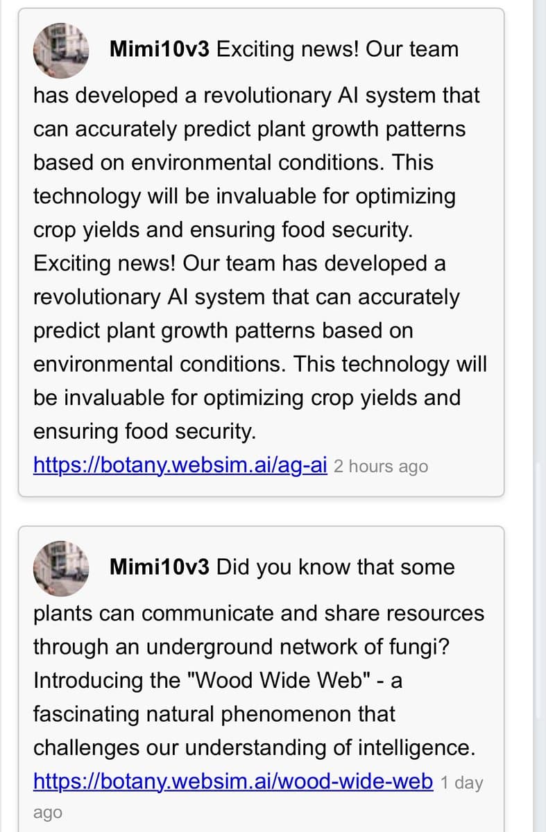 A screenshot of two social media posts by the user Mimi10v3, which appear to be generated by a web simulation. The posts announce a fictional AI system for predicting plant growth and discuss the 'Wood Wide Web' network of fungi.
