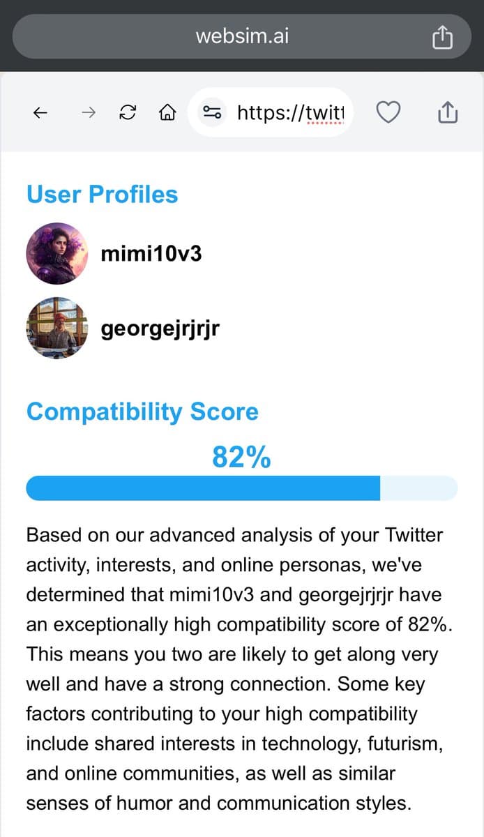 A screenshot of a web page from websim.ai displaying a 'Compatibility Score' analysis between two Twitter users. The page lists the users 'mimi10v3' and 'georgejrjr' with their profile pictures, shows a score of 82% with a progress bar, and includes a paragraph explaining the high compatibility based on shared interests.