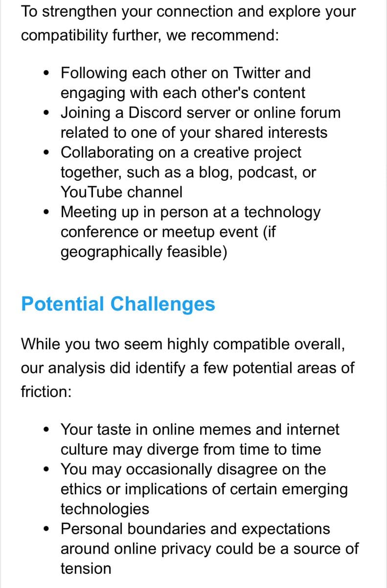 A screenshot of a text document or chat output that provides relationship compatibility recommendations and potential challenges. The text is organized into bullet points under a blue heading titled 'Potential Challenges.'