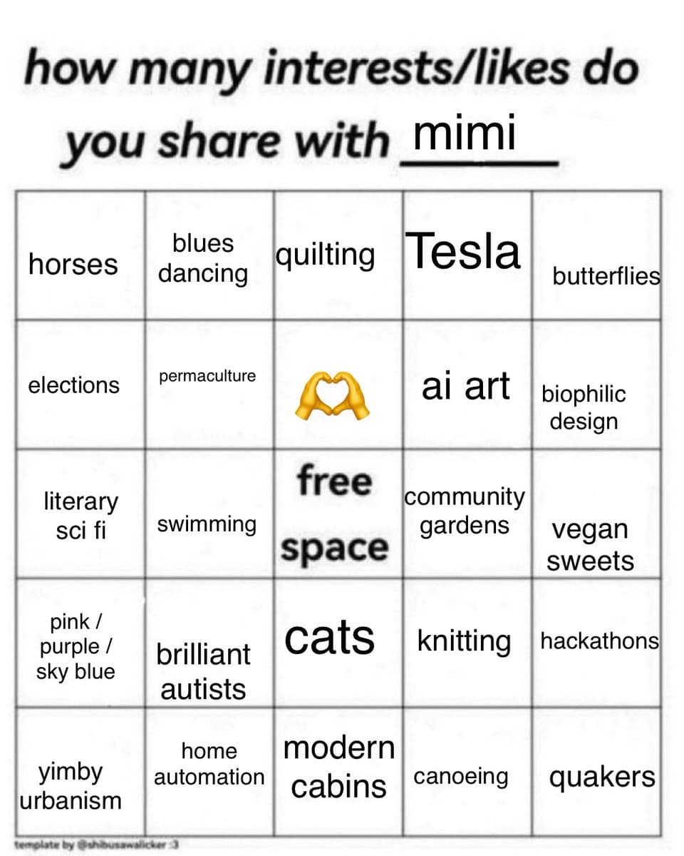 A grid-style chart titled 'how many interests/likes do you share with mimi' listing various topics in a 5x5 table. The grid is filled with text and one emoji, with the center cell containing a hand-heart emoji.