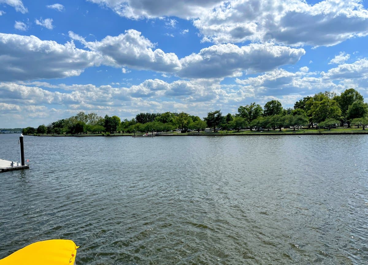 A scenic outdoor photograph taken from a boat on a calm body of water, showing a tree-lined shoreline and a bright blue sky with scattered white clouds. A yellow object, likely part of the boat, is visible in the bottom left corner.