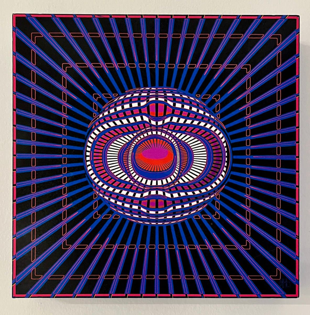 A square piece of abstract, op-art style artwork featuring a central, distorted sphere with concentric rings of red, white, and blue patterns. The sphere is set against a black background with radiating blue and red lines that create a sense of depth and movement.